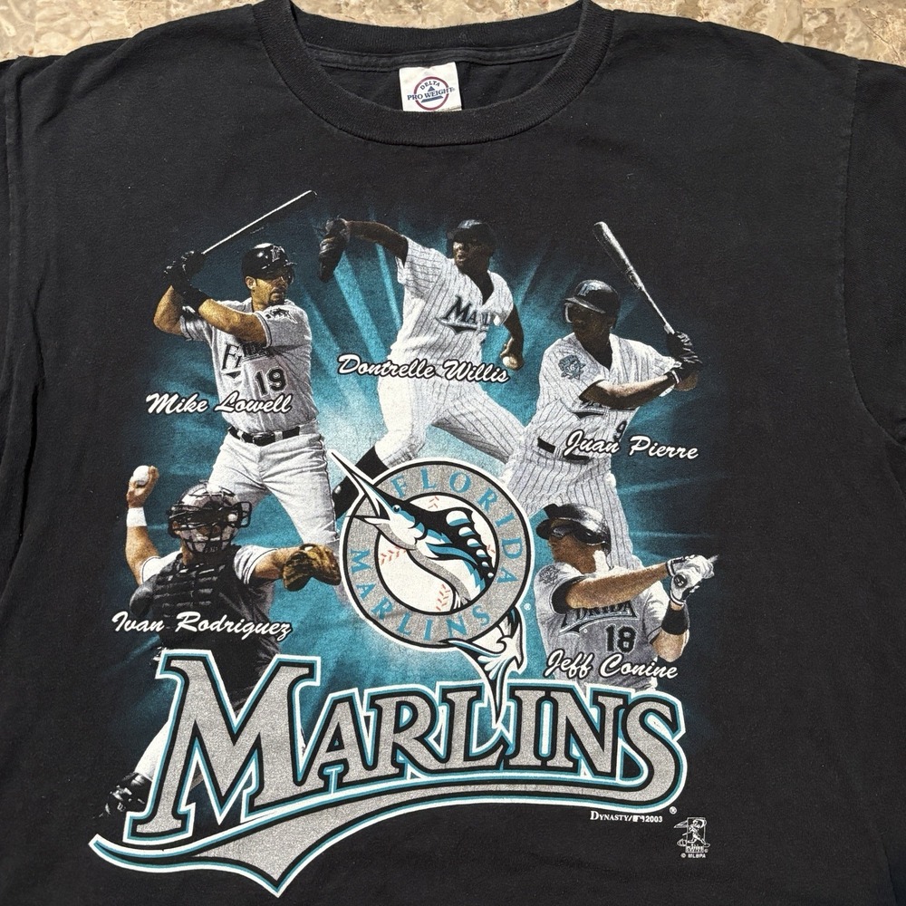 Vintage Florida Marlins Shirt Mens Medium Black Dynasty Players Poster Miami